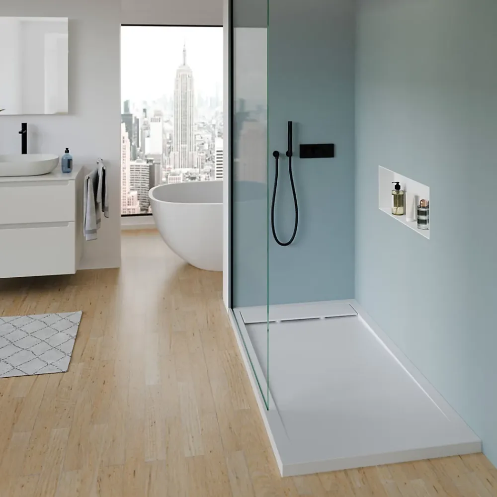 Receveur De Douche|Bernstein Receveur de douche fonte minérale, Blanc mat, 140x90x4.5cm, Bac à douche antidérapant, Pente écoulement, Sans bonde