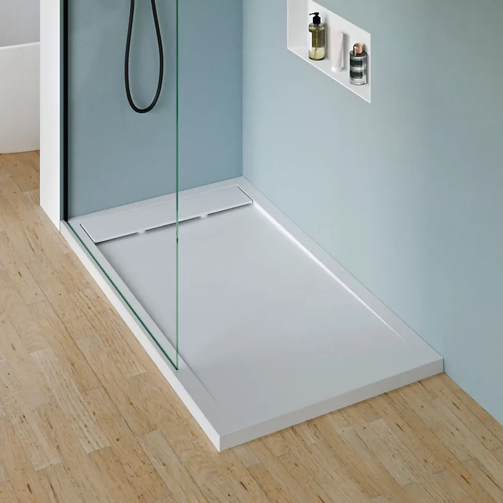 Receveur De Douche|Bernstein Receveur de douche fonte minérale, Blanc mat, 160x90x4.5cm, Bac à douche antidérapant, Pente écoulement, Sans bonde