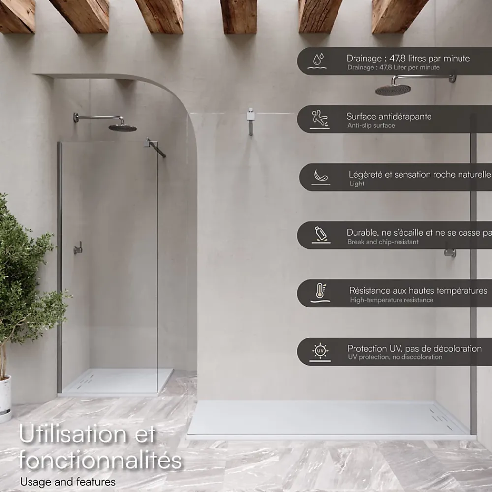 Saniverre Receveur de douche HIEMAL 90 x 140 cm résine Blanc aspect ardoise + bonde incluse -