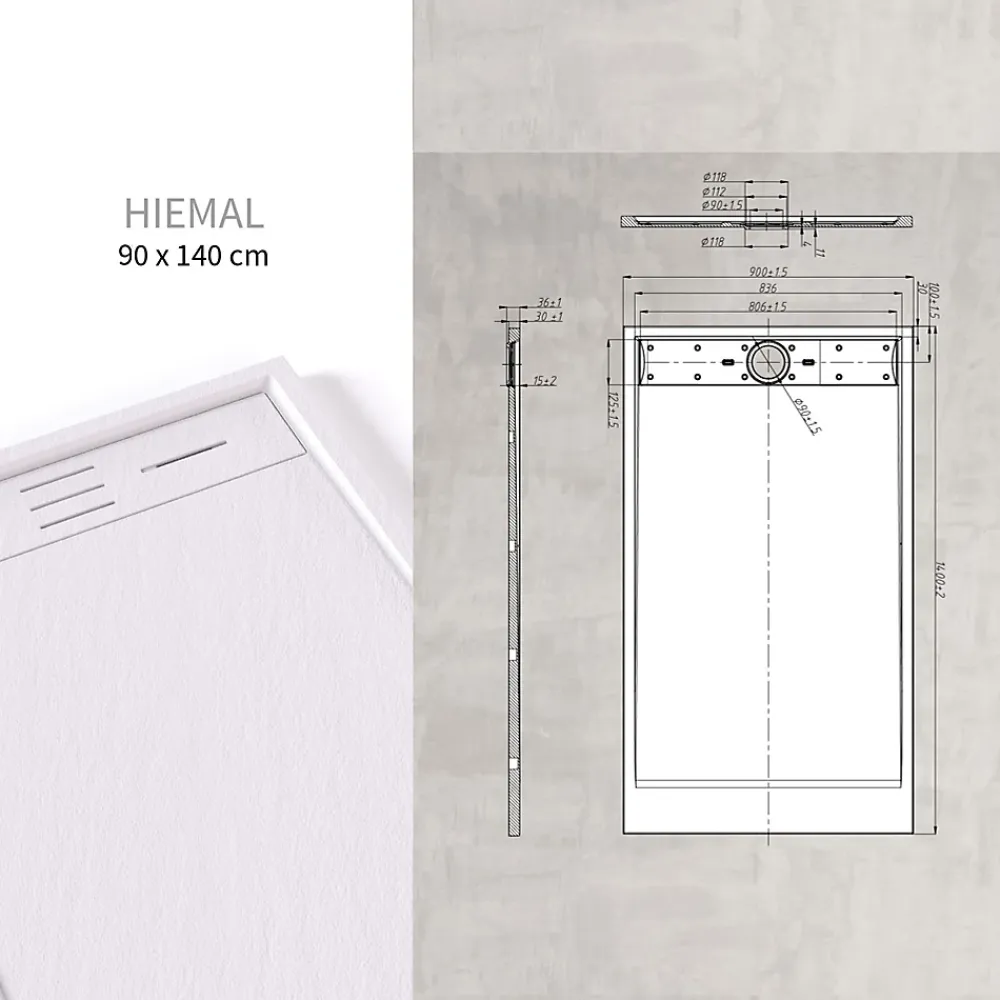 Saniverre Receveur de douche HIEMAL 90 x 140 cm résine Blanc aspect ardoise + bonde incluse -