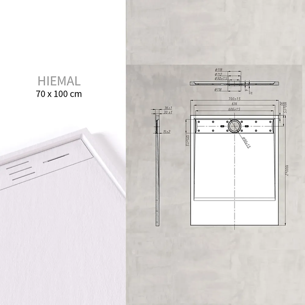Saniverre Receveur de douche HIEMAL 70 x 100 cm résine Blanc aspect ardoise + bonde incluse -