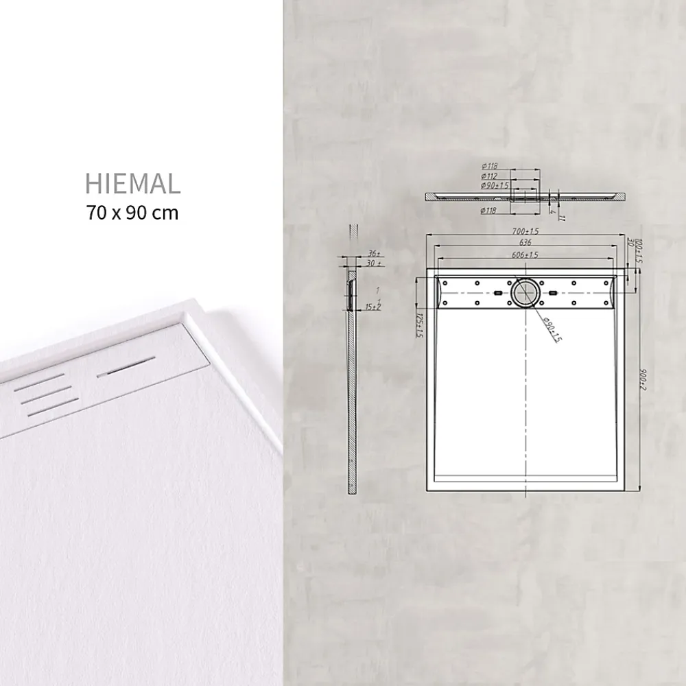 Saniverre Receveur de douche HIEMAL 70 x 90 cm résine Blanc aspect ardoise + bonde incluse -