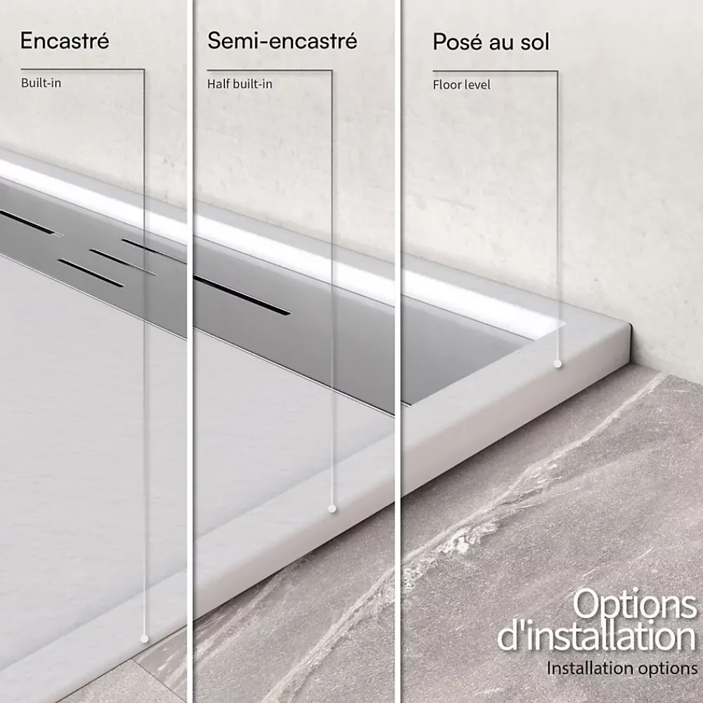 Saniverre Receveur de douche HIEMAL INOX 80 x 160 cm résine Blanc aspect ardoise + bonde inox incluse -
