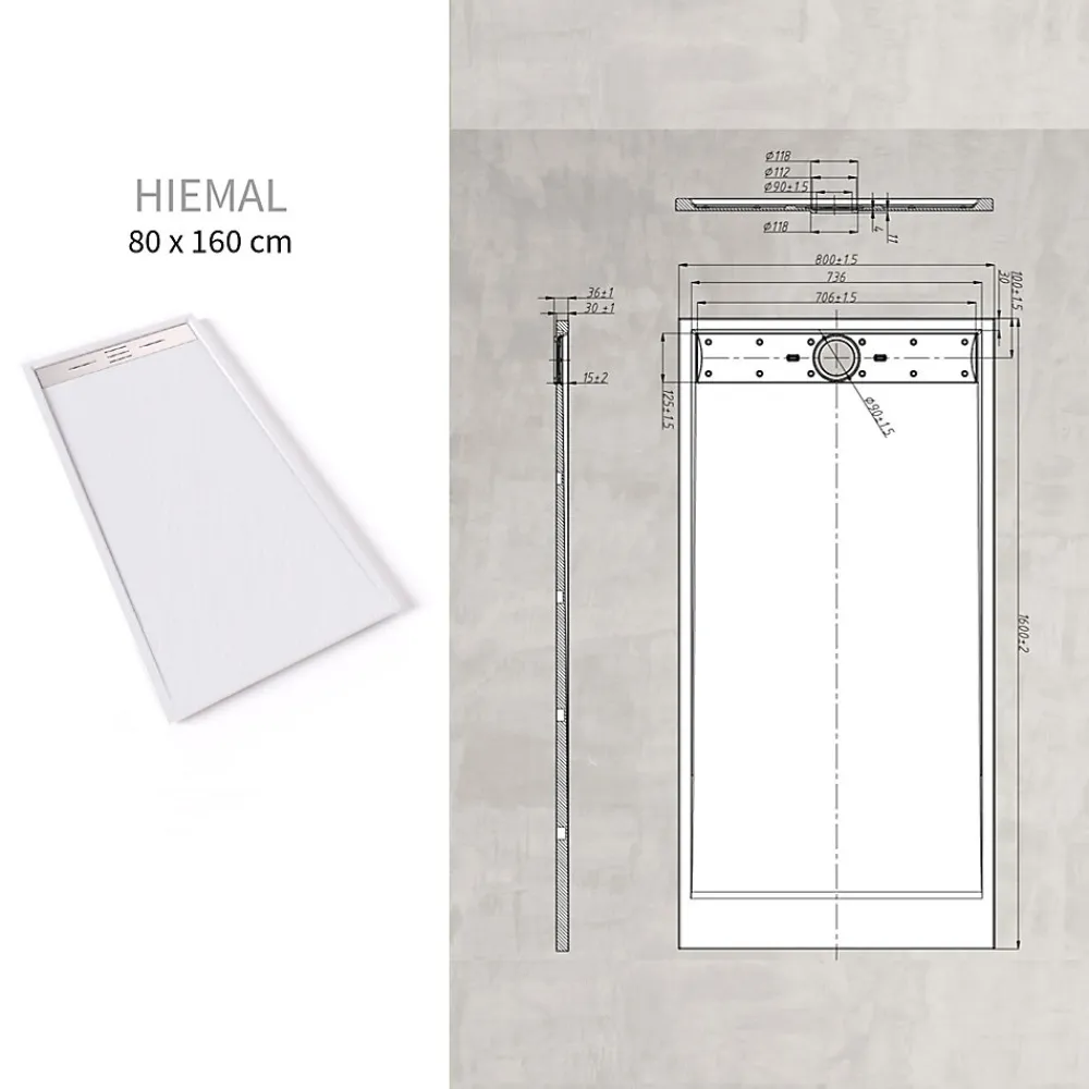 Saniverre Receveur de douche HIEMAL INOX 80 x 160 cm résine Blanc aspect ardoise + bonde inox incluse -