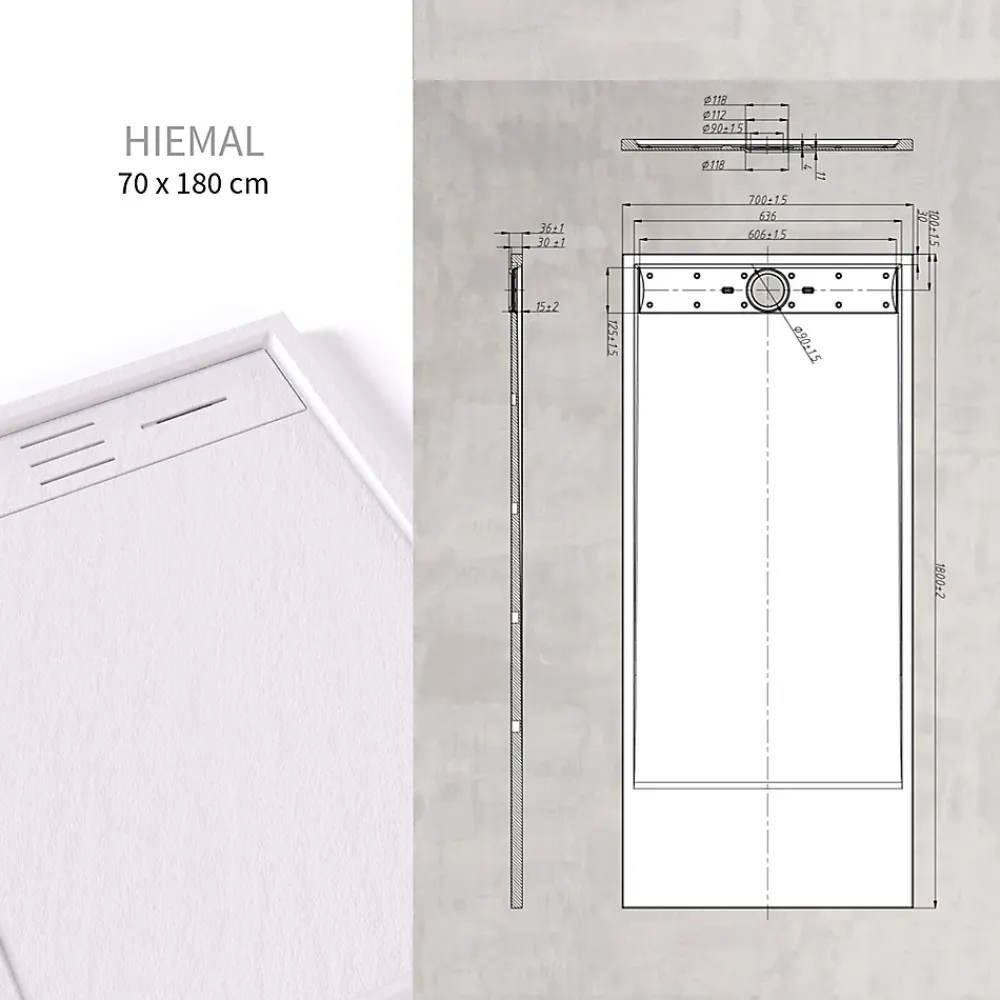 Receveur De Douche|Saniverre Receveur de douche HIEMAL 70 x 180 cm résine Blanc aspect ardoise + bonde incluse -