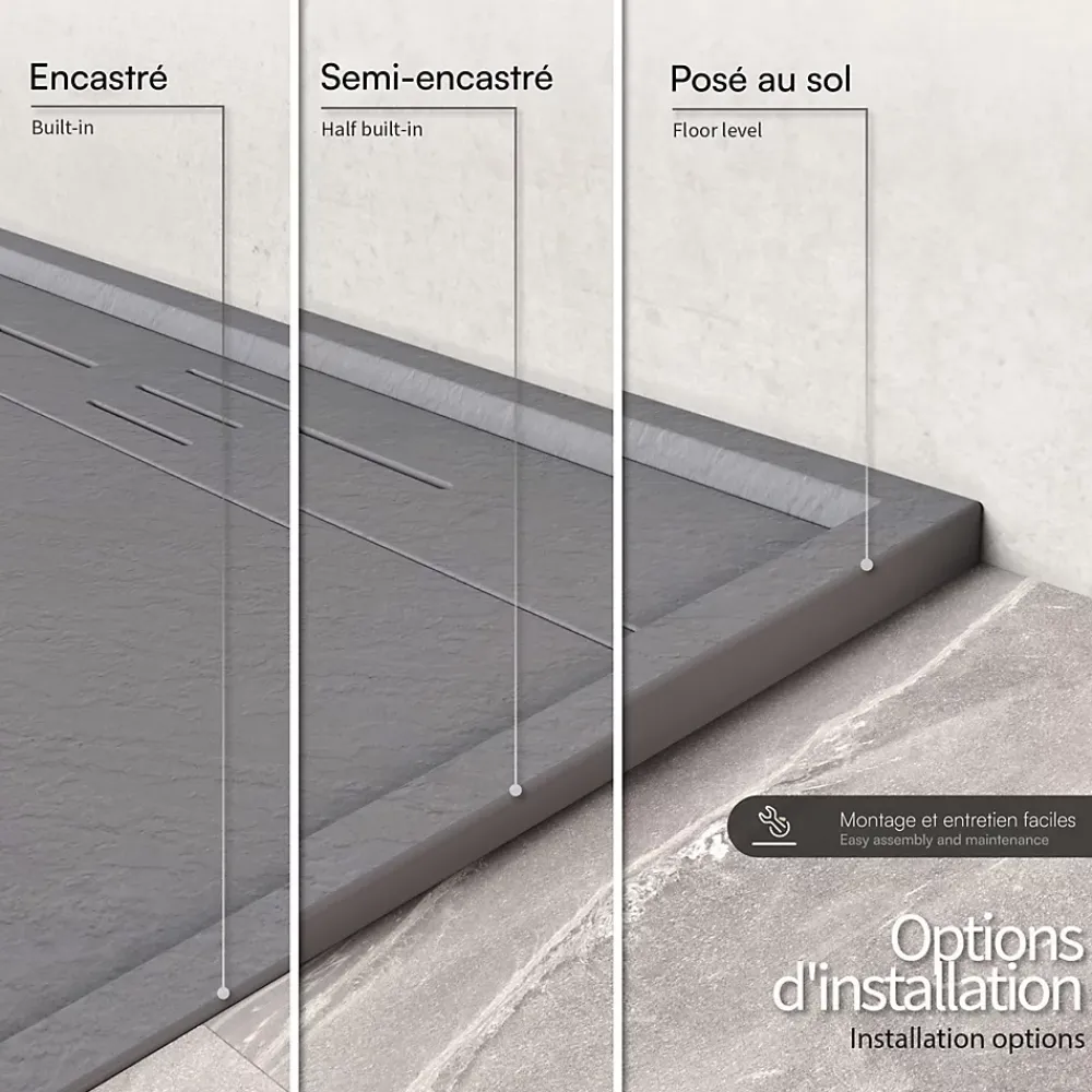 Saniverre Receveur de douche HIEMAL 80 x 100 cm résine Gris aspect ardoise + bonde incluse -
