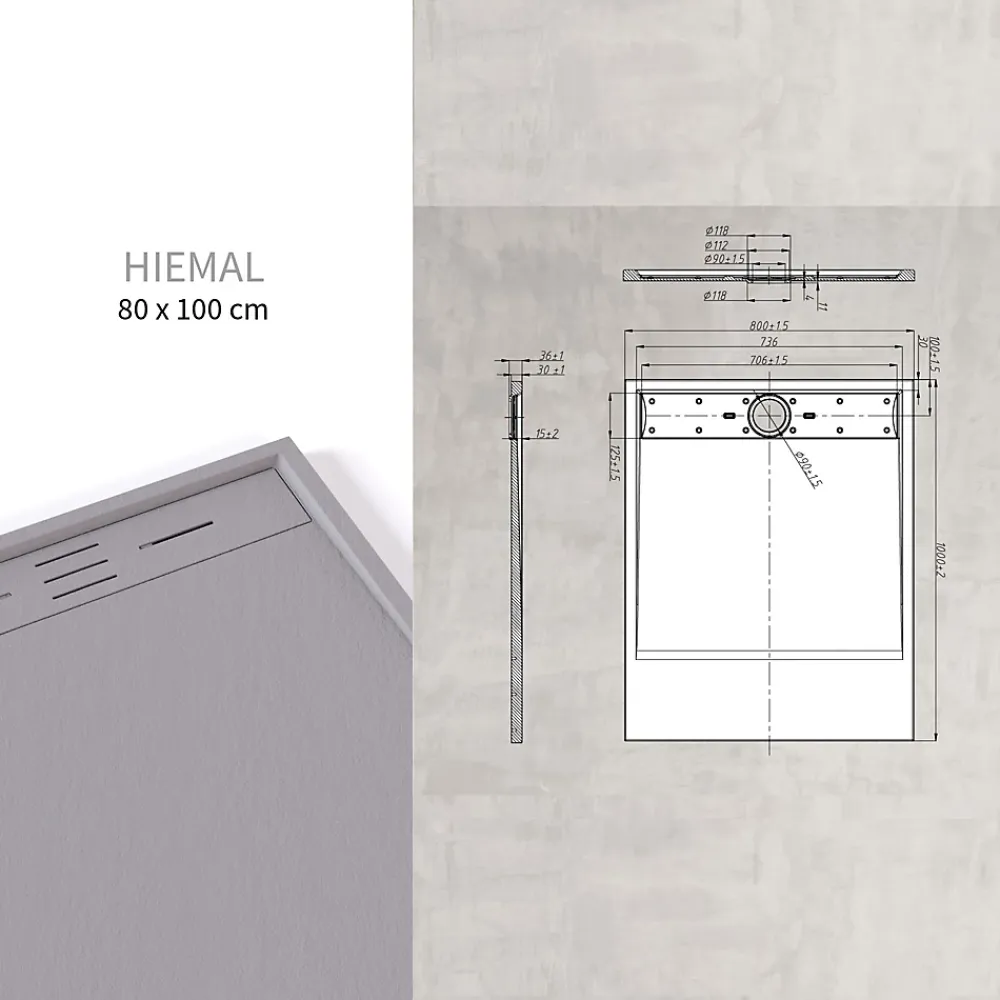 Saniverre Receveur de douche HIEMAL 80 x 100 cm résine Gris aspect ardoise + bonde incluse -