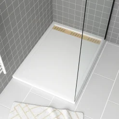 Galedo Receveur de douche L.120 x l.90 x H.4 cm, acrylique renforcé blanc, avec grille d'évacuation dorée, Pure 2