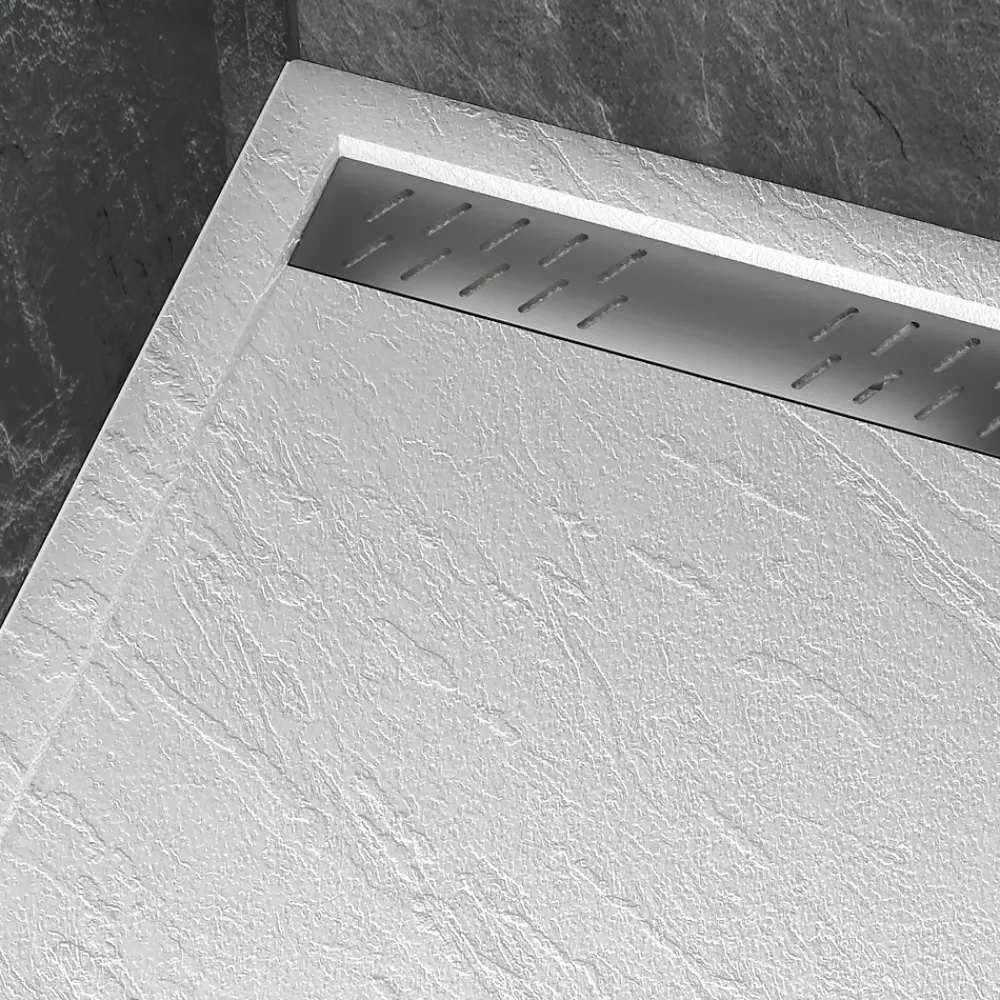Receveur De Douche|Galedo Receveur de douche L.120 x l.90 x H.4 cm, acrylique renforcé blanc effet pierre, avec grille d'évacuation gun metal, Pedra