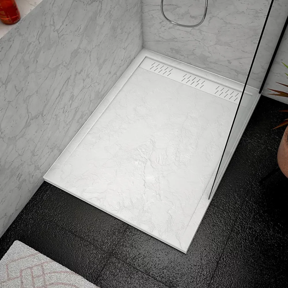 Receveur De Douche|Galedo Receveur de douche L.120 x l.90 x H.4 cm, acrylique renforcé blanc effet pierre, avec grille d'évacuation blanche, Pedra