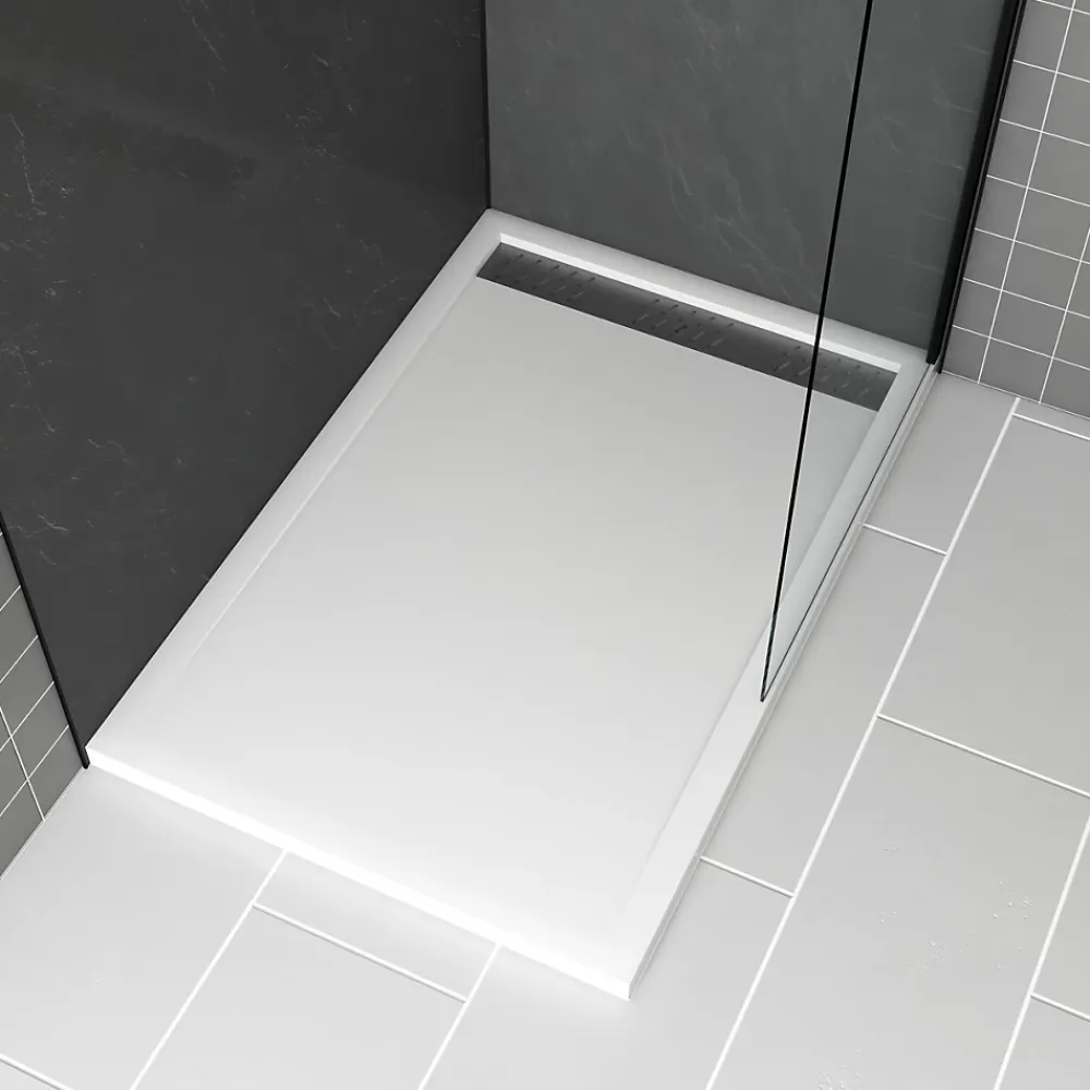 Receveur De Douche|Galedo Receveur de douche L.120 x l.80 x H.4 cm, acrylique renforcé blanc, avec grille d'évacuation gun metal, Pure 2