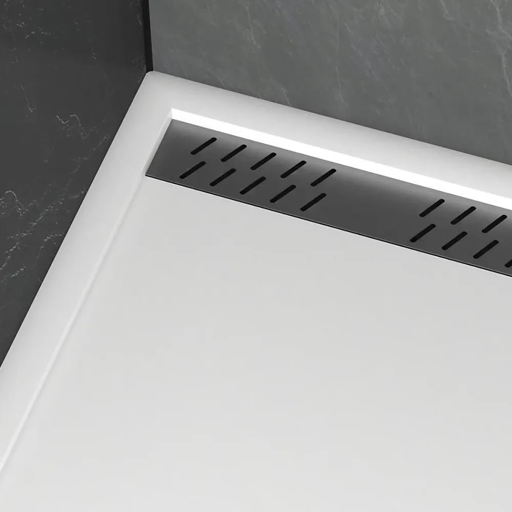 Receveur De Douche|Galedo Receveur de douche L.120 x l.80 x H.4 cm, acrylique renforcé blanc, avec grille d'évacuation gun metal, Pure 2
