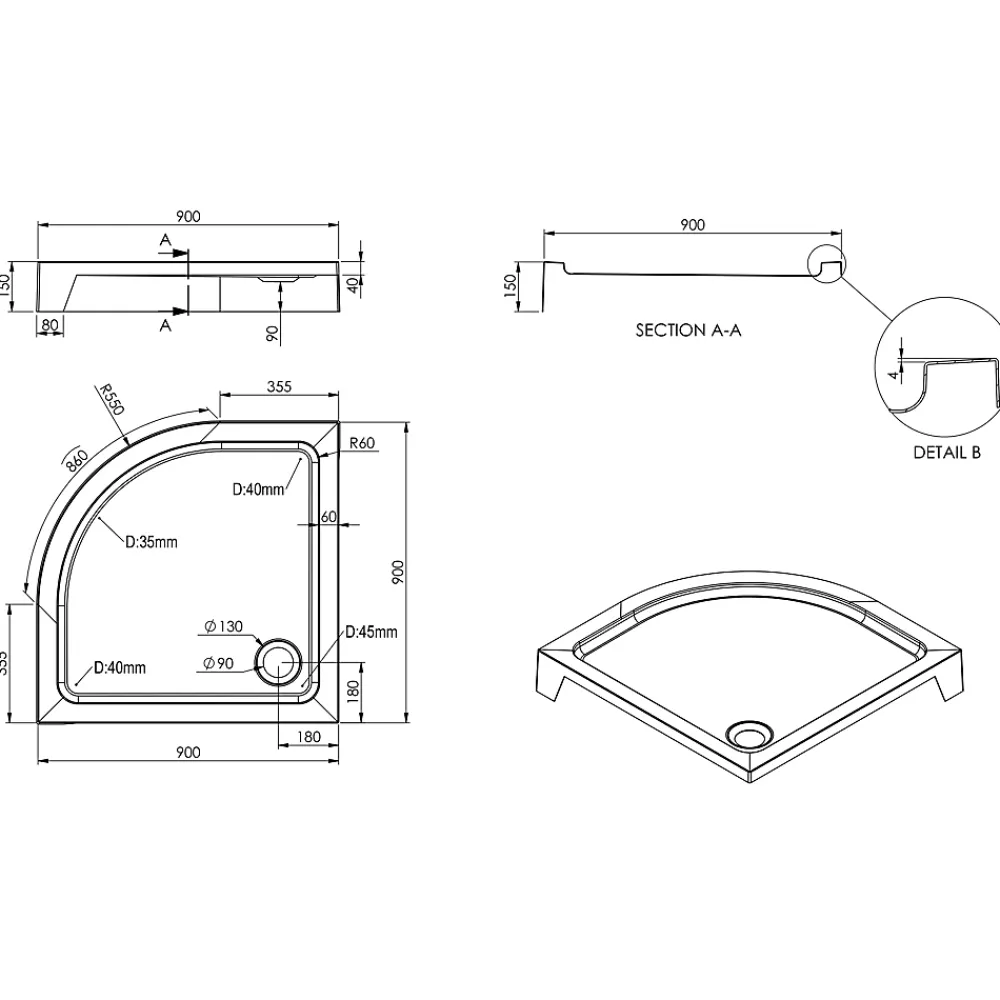 Receveur de douche quart de cercle à poser 90 x 90 cm, Dommel
