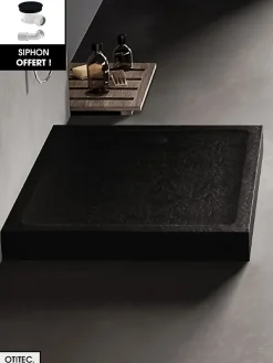 Receveur De Douche|Otitec Receveur de Douche Rectangle - 90 x 100 x 11,5 cm - Noir Effet Pierre - avec Siphon OFFERT - MOON STONE