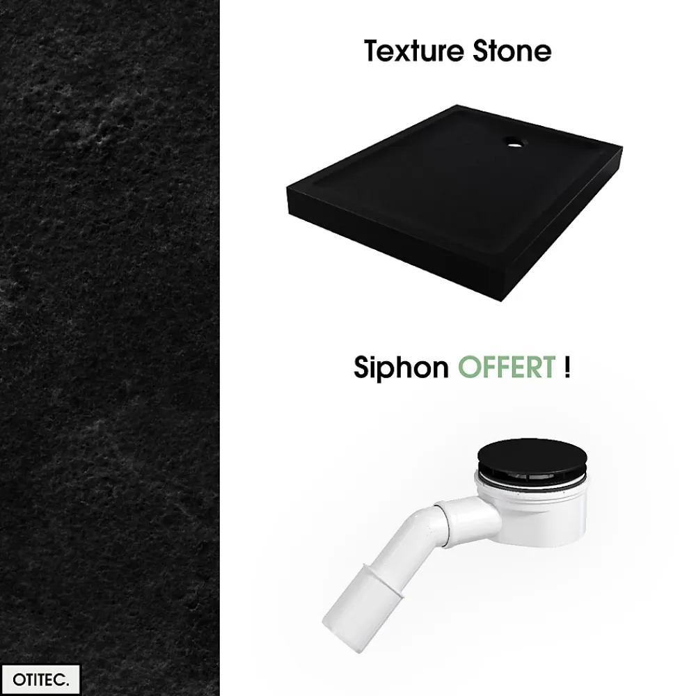 Receveur De Douche|Otitec Receveur de Douche Rectangle - 90 x 100 x 11,5 cm - Noir Effet Pierre - avec Siphon OFFERT - MOON STONE