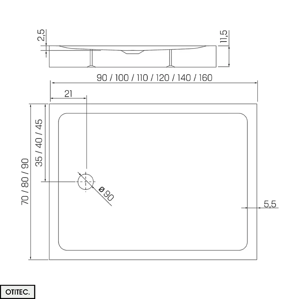 Receveur De Douche|Otitec Receveur de Douche Rectangle - 90 x 100 x 11,5 cm - Noir Effet Pierre - avec Siphon OFFERT - MOON STONE
