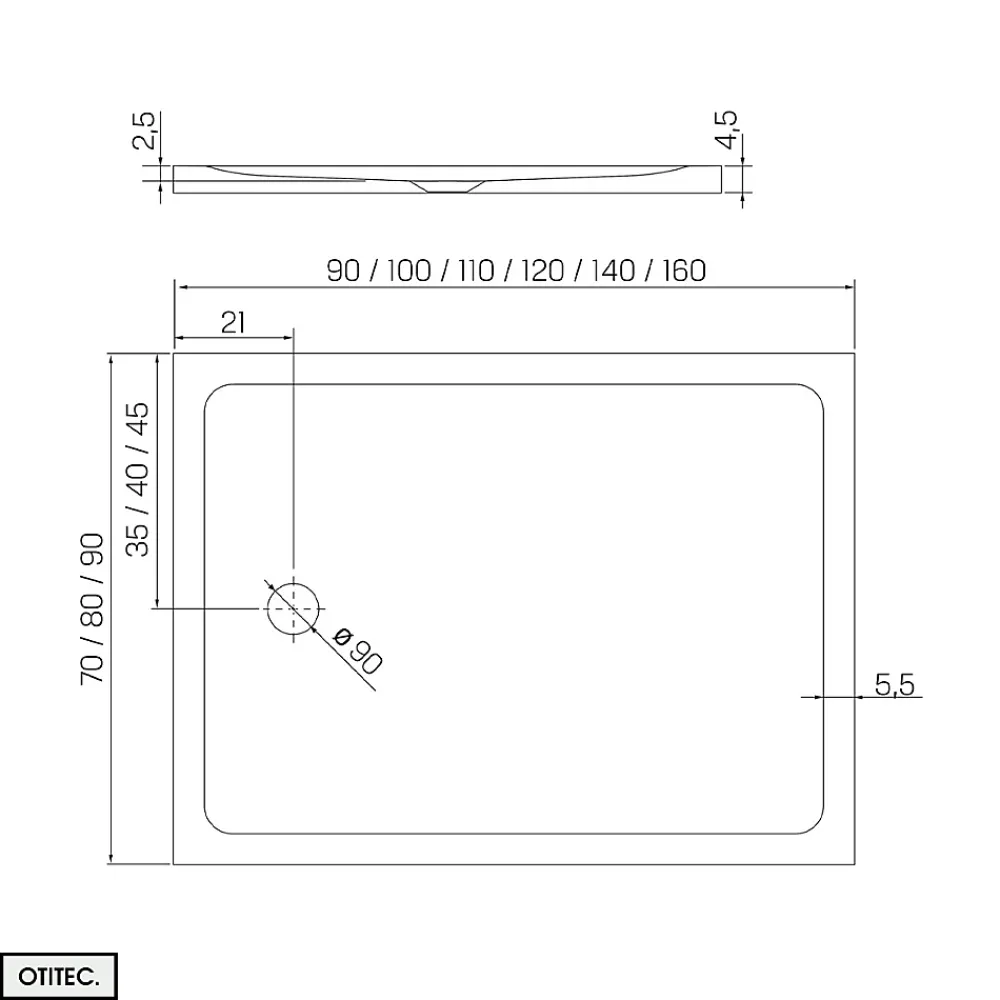 Otitec Receveur de Douche Rectangle - 80 x 90 x 4,5 cm - Blanc - avec Siphon OFFERT - MOON