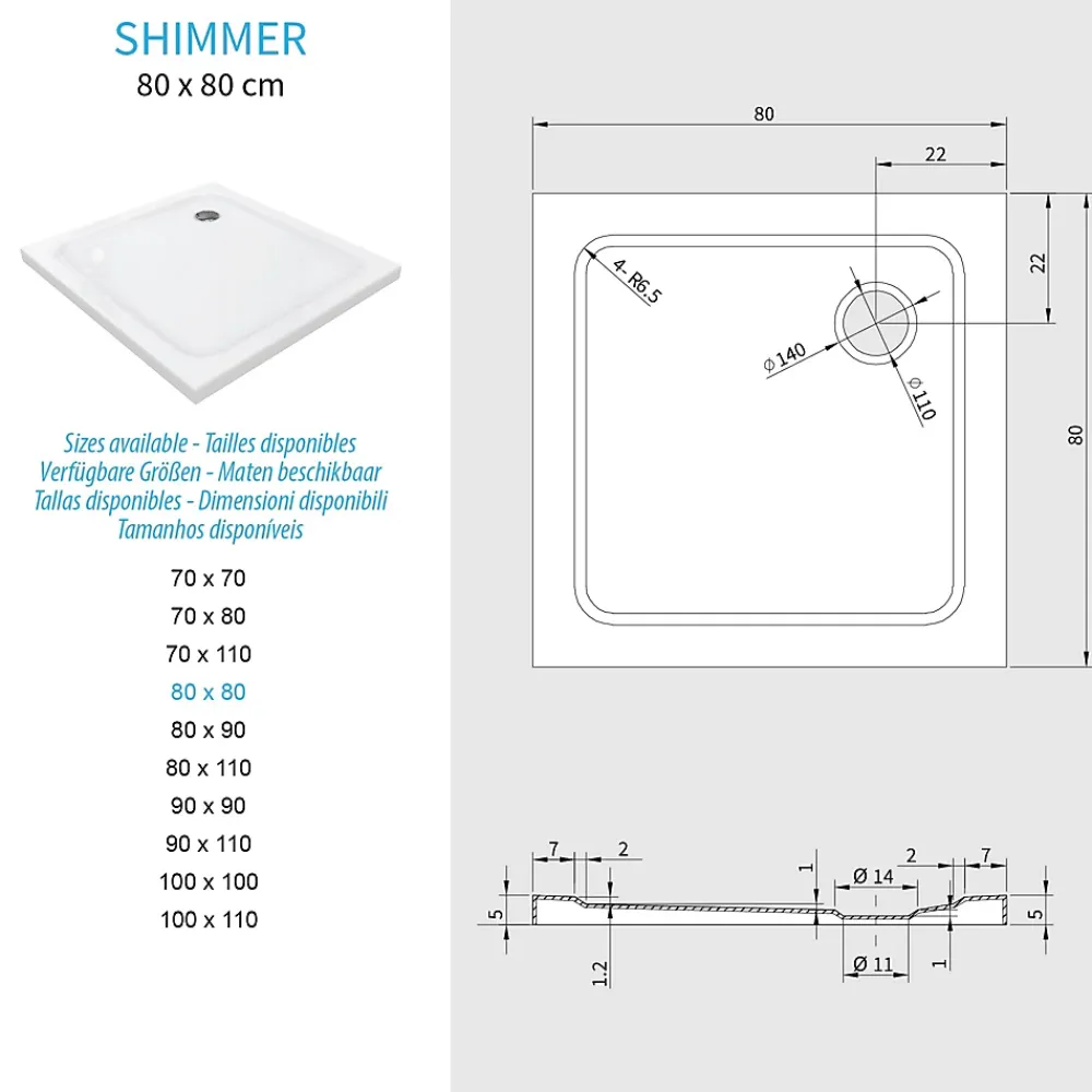 Receveur De Douche|Saniverre Receveur de douche SHIMMER 80 x 80 cm acrylique Blanc + bonde et siphon inclus -