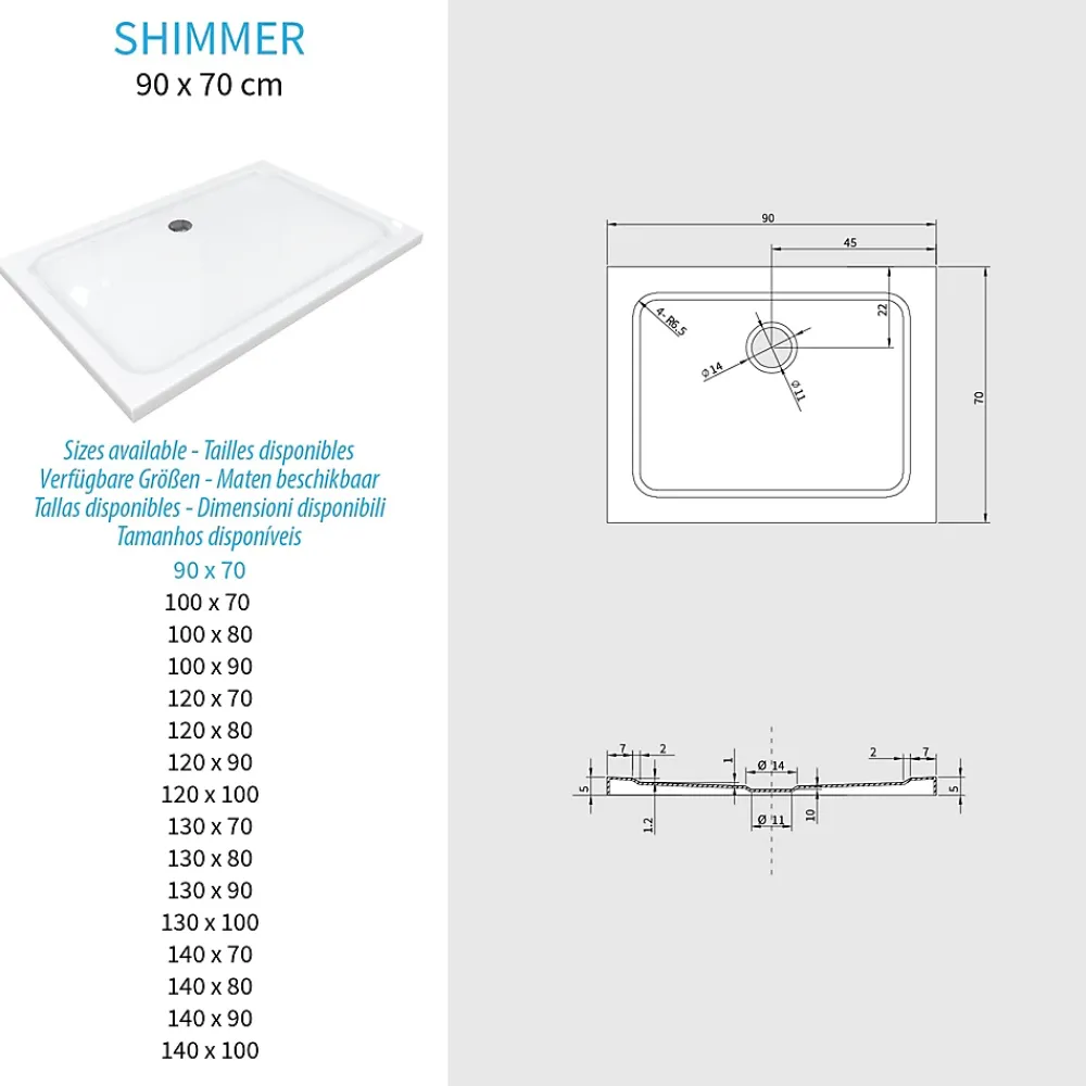 Receveur De Douche|Saniverre Receveur de douche SHIMMER 70 x 90 cm acrylique Blanc + bonde et siphon inclus -