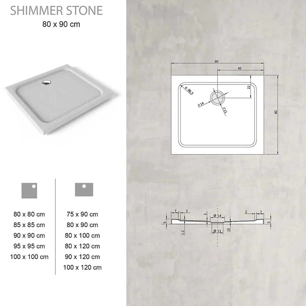 Saniverre Receveur de douche SHIMMER STONE 80 x 90 cm acrylique Blanc effet pierre + bonde et siphon inclus -