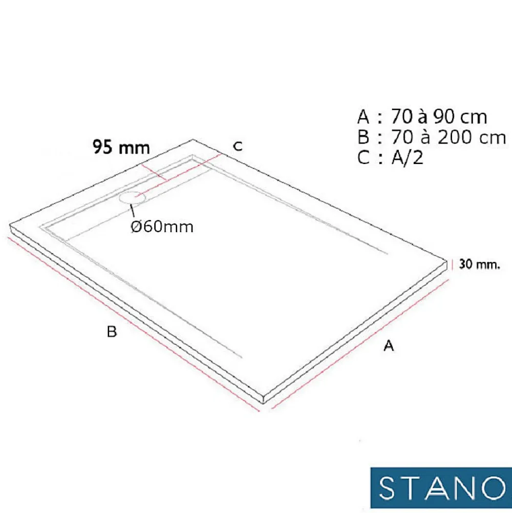 Receveur De Douche|Stano Receveur de douche 80x170 cm extra plat CLEVER en resine surface ardoisee blanc