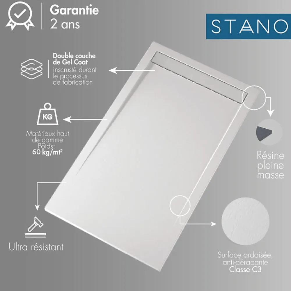 Receveur De Douche|Stano Receveur de douche 80x170 cm extra plat CLEVER en resine surface ardoisee blanc