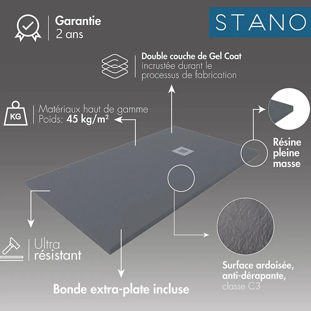 Stano Receveur de douche 90x170cm extra plat MADISON en resine surface ardoisee anthracite