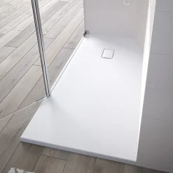 Kinedo Receveur Kinesurf découpable 120x90 blanc aspect pierre avec cache-bonde assorti et bonde extra-plate