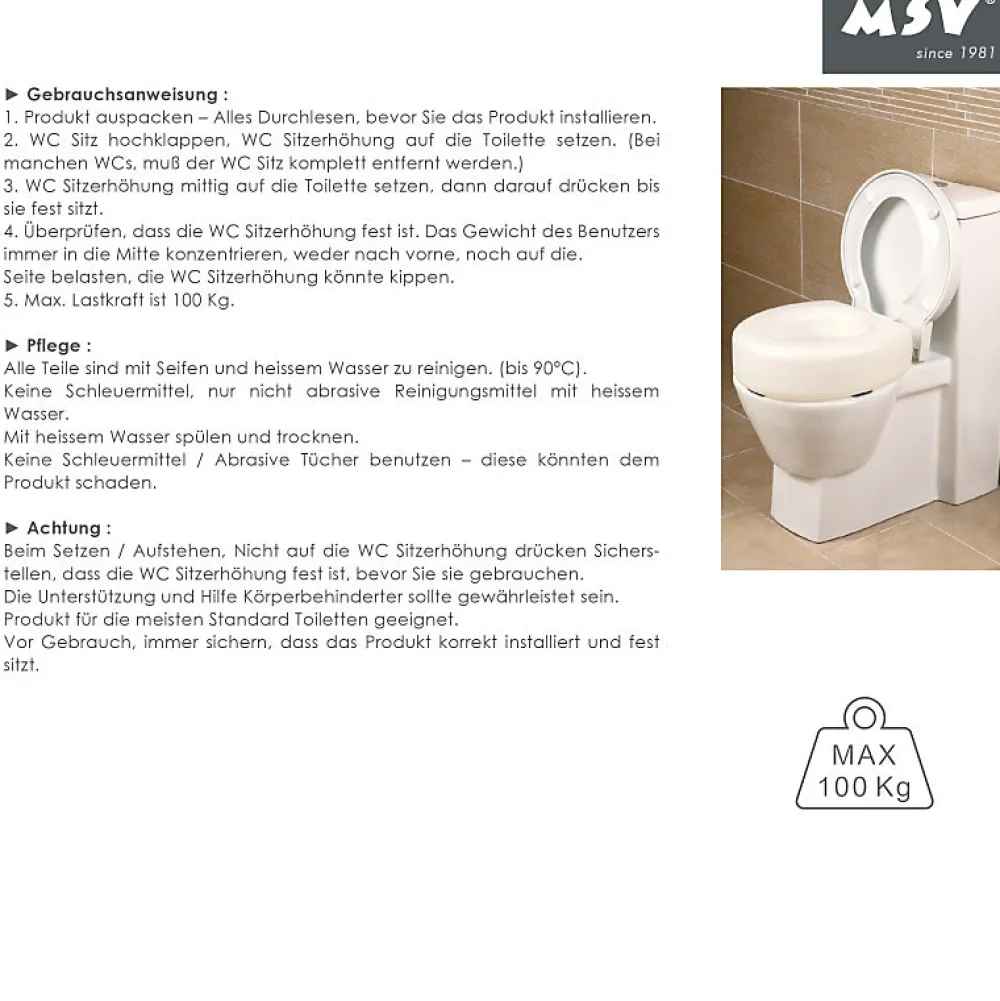 MSV Rehausseur WC 15cm pour personne à mobilité réduite Max 100kg