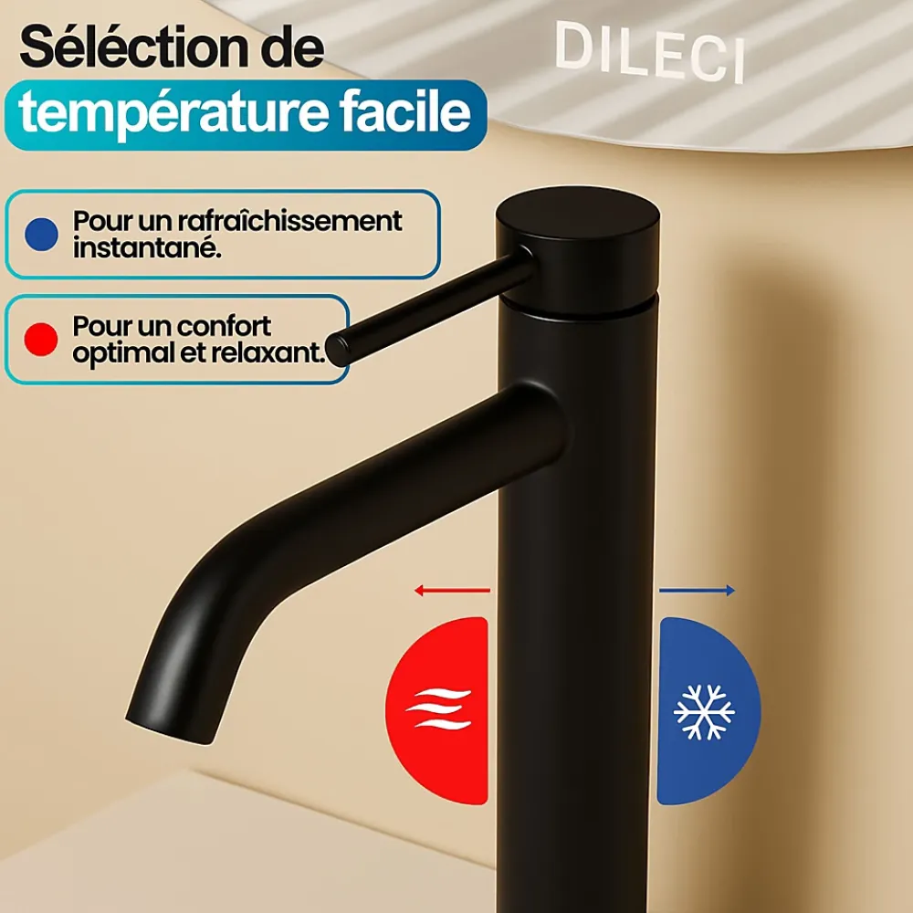 Dileci Robinet à bec court pour salle de bain couleur noir mat -