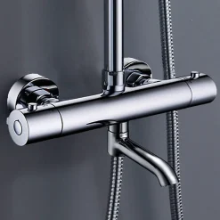 Robinet De Baignoire|Kibath Robinet de colonne de douche thermostatique AVEC BEC, finition chrome poli, en laiton