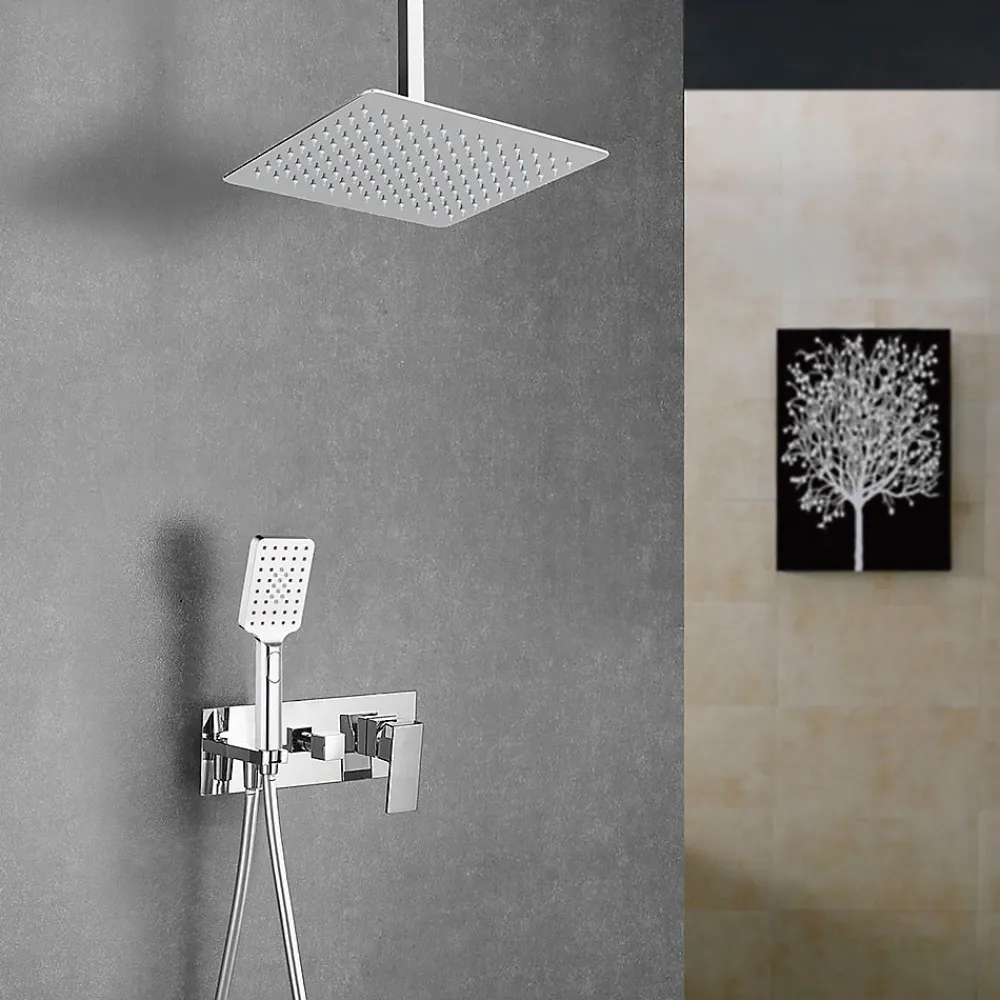 Kibath Robinet de douche encastré, levier unique monté au plafond, carré, finition chrome poli, en laiton