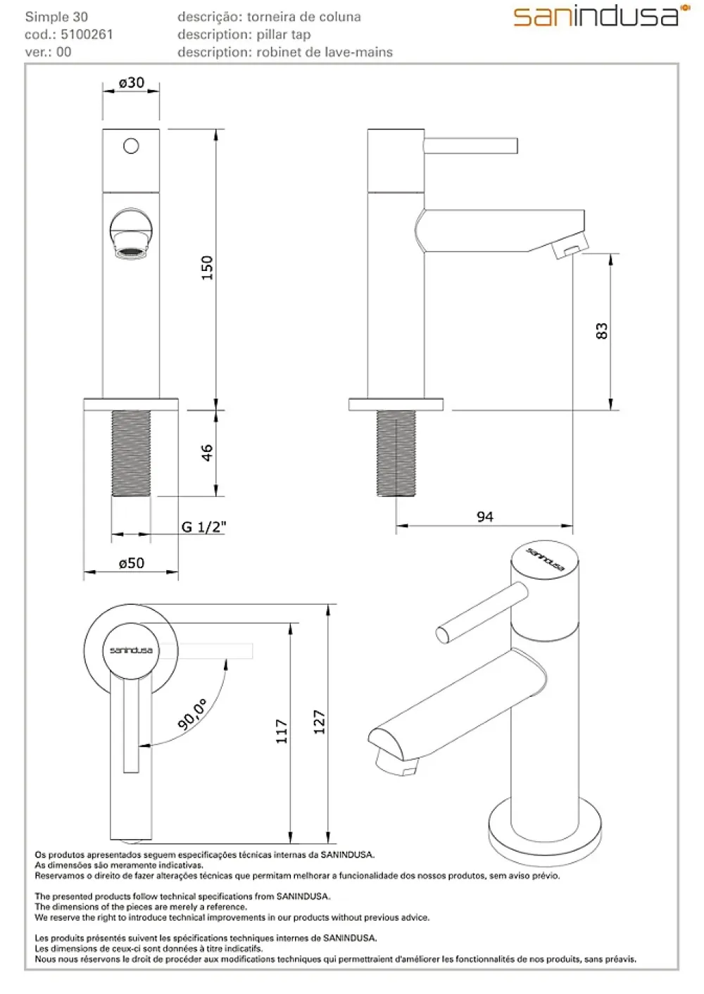 Sanindusa Robinet de lavabo ou lave-mains 1 eau (eau chaude ou eau froide) Simple 30 chromé