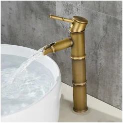 Deko Robinet haut en bambou, mitigeur de lavabo cascade, robinet d'eau chaude et froide à un trou, bec de déconnexion à 3 joints