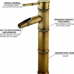 Deko Robinet haut en bambou, mitigeur de lavabo cascade, robinet d'eau chaude et froide à un trou, bec de déconnexion à 3 joints