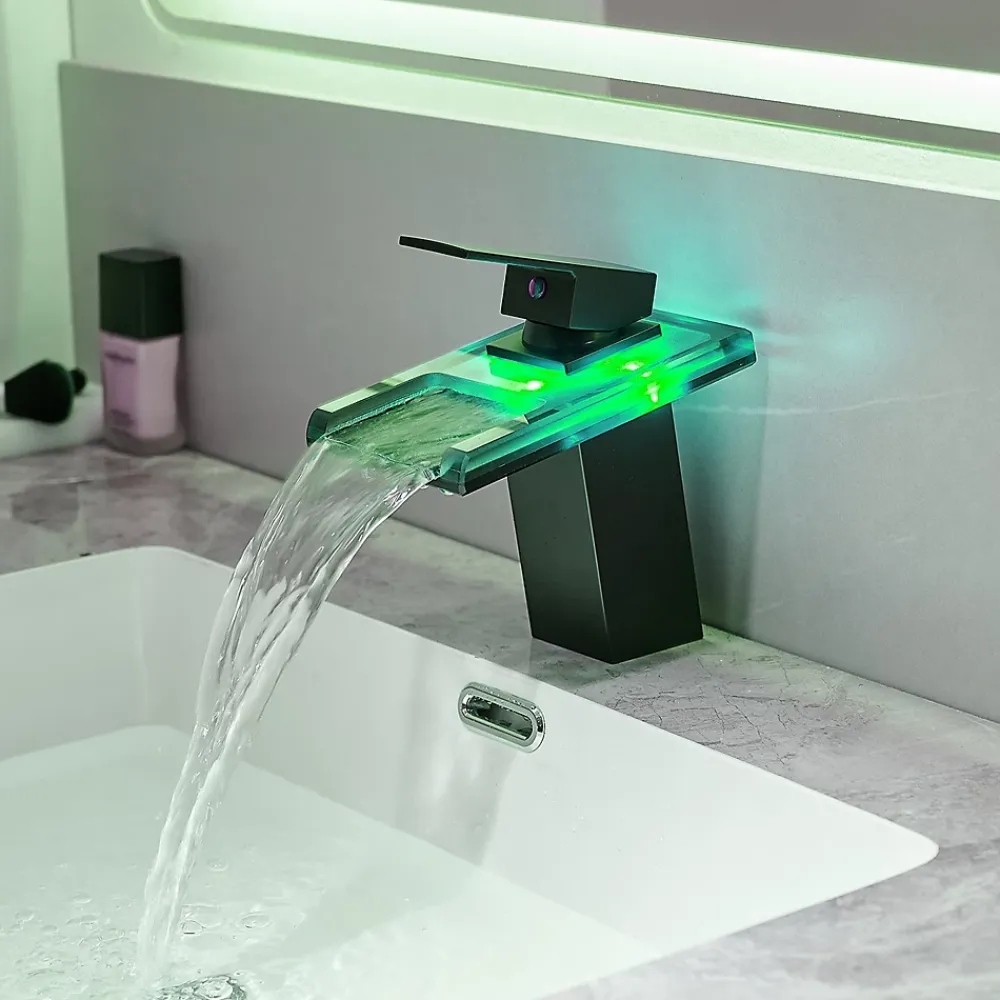 Saniverre Robinet mitigeur bec cascade à LED lumineuses SOLEO chrome noir -