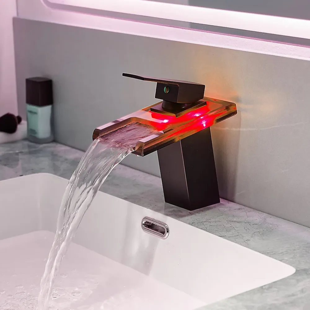 Saniverre Robinet mitigeur bec cascade à LED lumineuses SOLEO chrome noir -