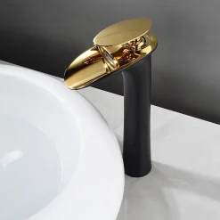 Robinet Lavabo Et Vasque|Saniverre Robinet mitigeur BRIA bec cascade haut chrome noir et or -