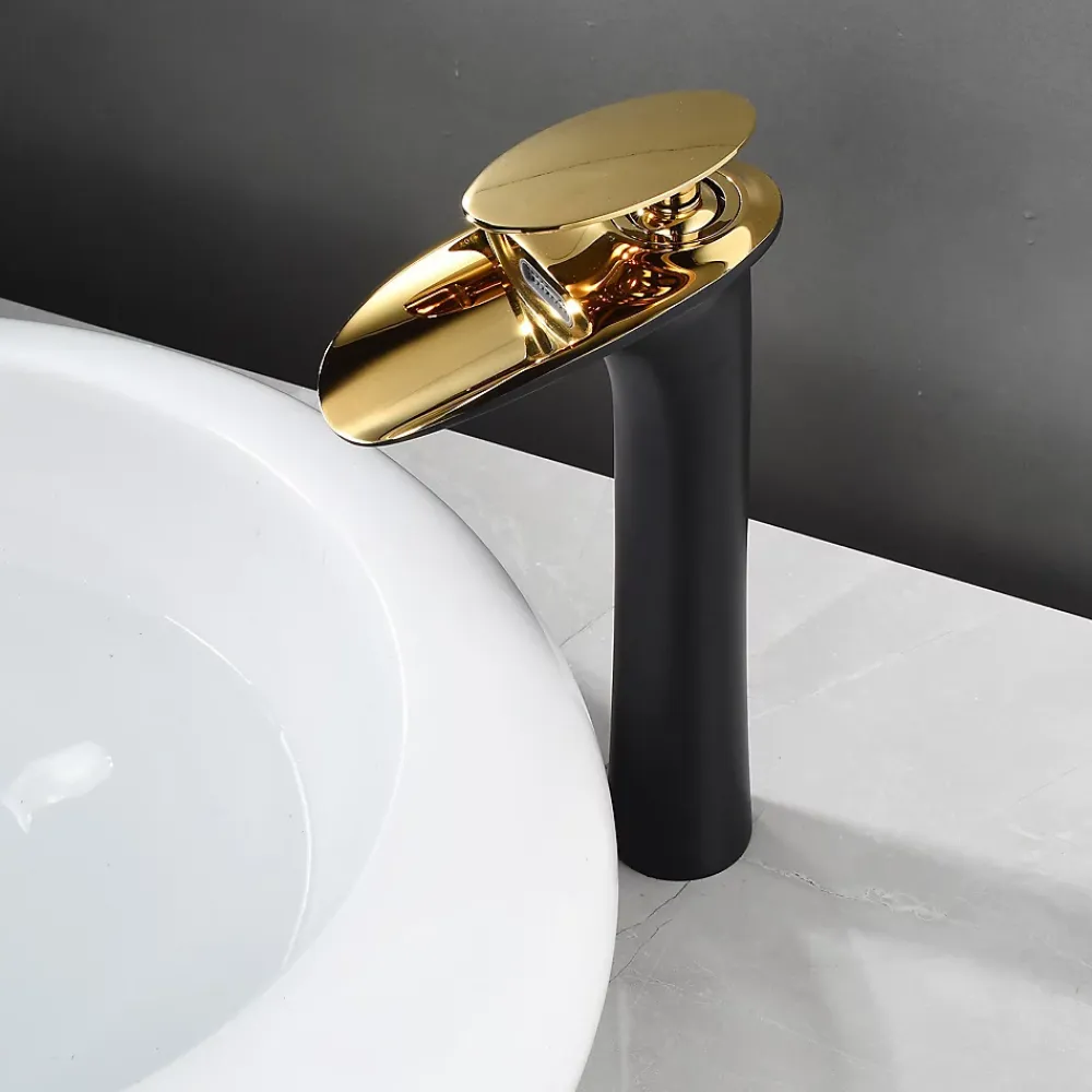 Robinet Lavabo Et Vasque|Saniverre Robinet mitigeur BRIA bec cascade haut chrome noir et or -