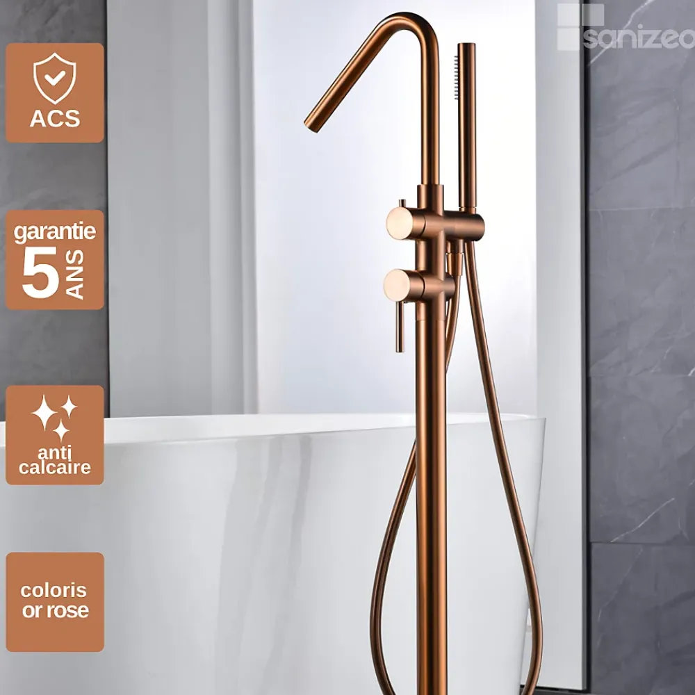 Robinet De Baignoire|Imex Robinet Mitigeur de Baignoire sur Pied Or Rose Cuivré Brossé CORCEGA BBECO1/ORC