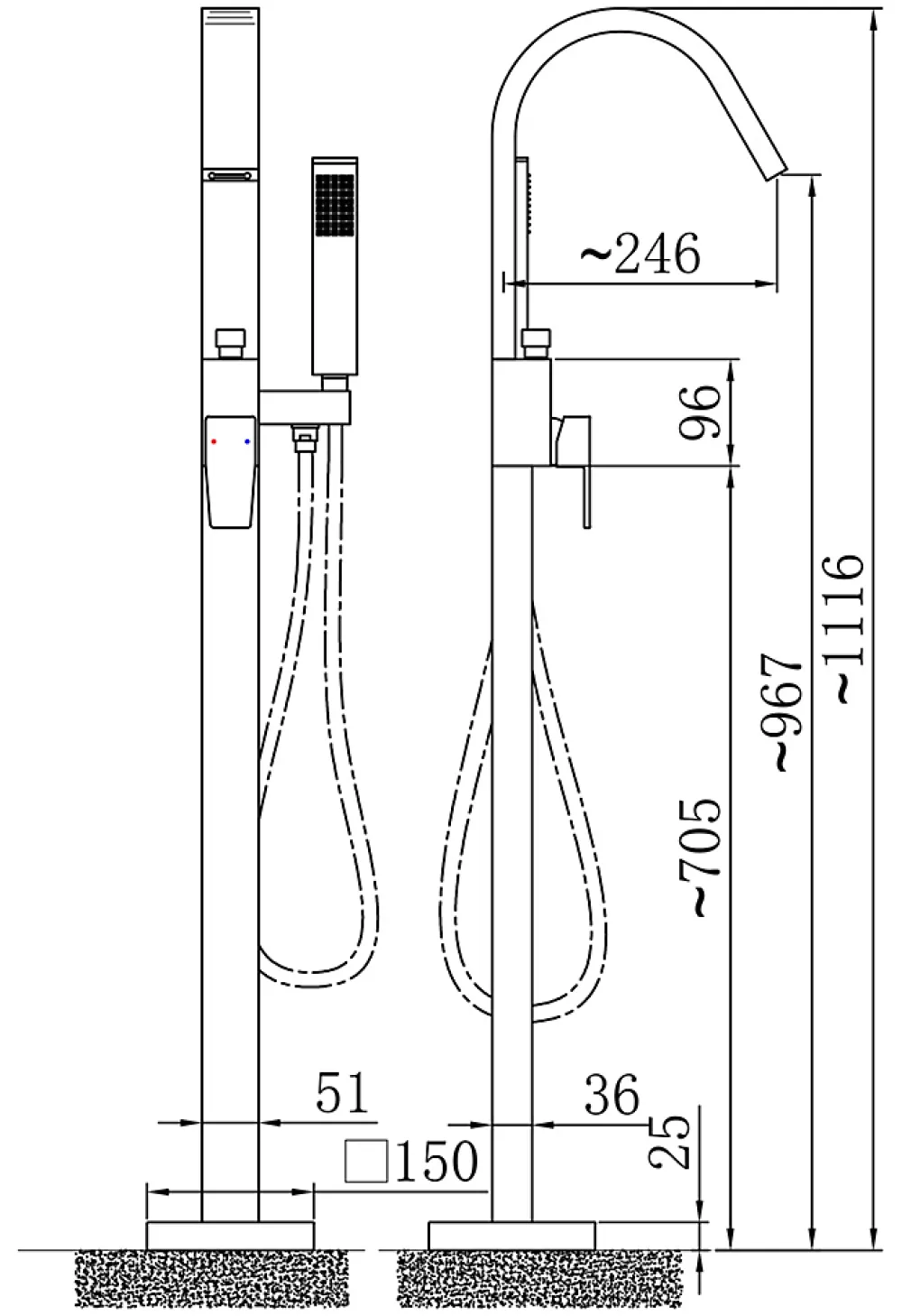 Robinet De Baignoire|Bernstein Robinet Mitigeur de baignoire design sur pieds 112x5x25cm (HxLxP) acier inoxydable et laiton - NT3311 2.0
