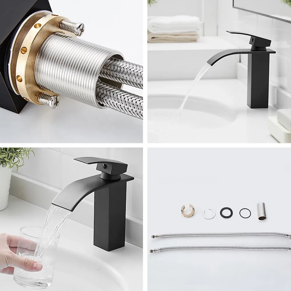 Robinet Lavabo Et Vasque|Saniverre Robinet mitigeur TIBRE bec cascade extra-plat noir chromé -