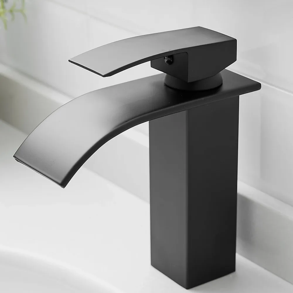 Robinet Lavabo Et Vasque|Saniverre Robinet mitigeur TIBRE bec cascade extra-plat noir chromé -
