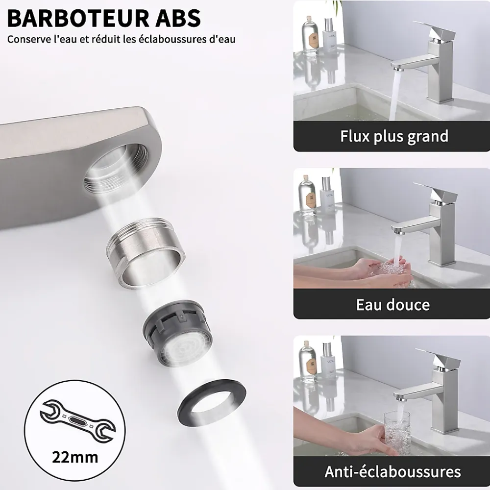 Homelody Robinet Salle Bain Carrée Mitigeur de lavabo Eau Froide Chaude Disponible Robinet Lavabo en Acier Inoxydable Mousseur Démontable