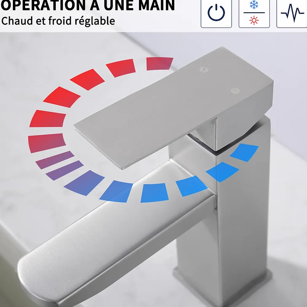 Homelody Robinet Salle Bain Carrée Mitigeur de lavabo Eau Froide Chaude Disponible Robinet Lavabo en Acier Inoxydable Mousseur Démontable