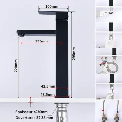 Homelody Robinet Salle de Bain Haut Mitigeur Salle Bain pour Vasque Robinet de Lavabo avec Poignée Carré Design Moderne Noir