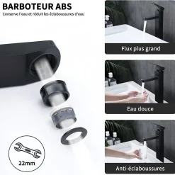 Homelody Robinet Salle de Bain Haut Mitigeur Salle Bain pour Vasque Robinet de Lavabo avec Poignée Carré Design Moderne Noir