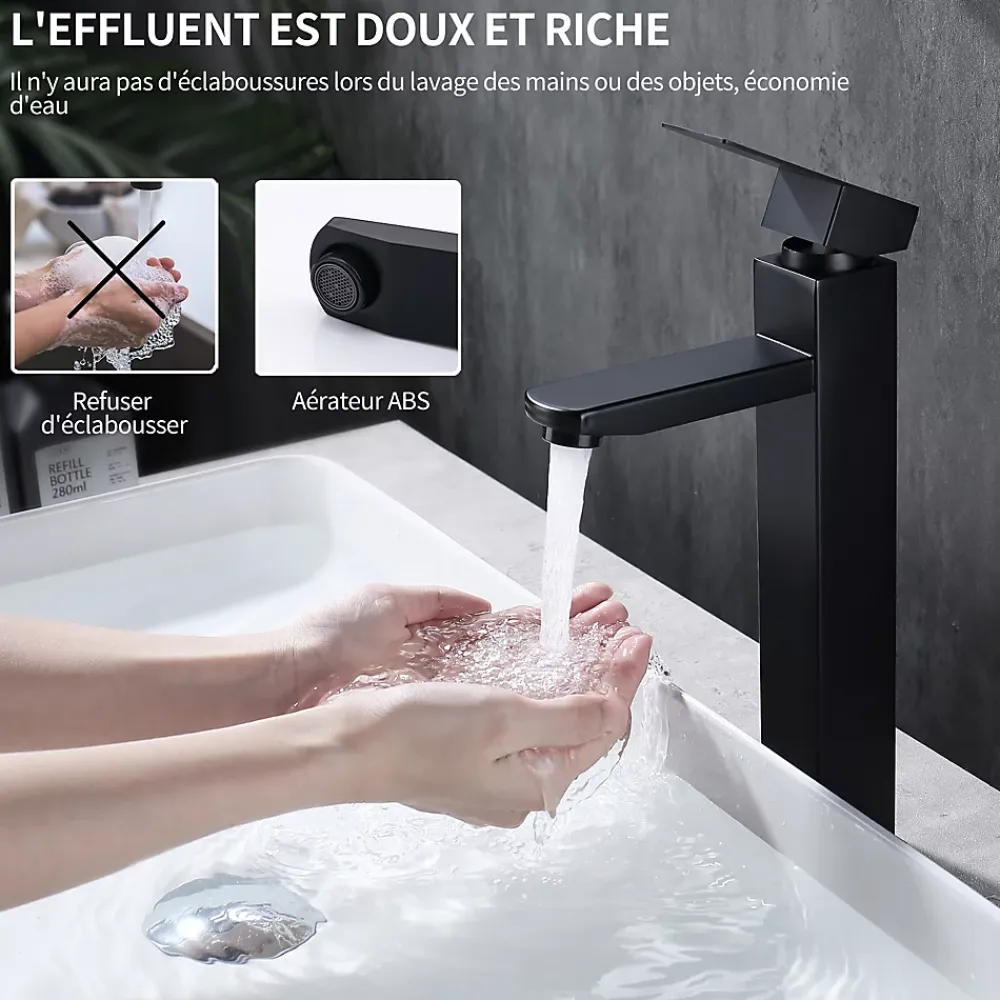 Homelody Robinet Salle de Bain Haut Mitigeur Salle Bain pour Vasque Robinet de Lavabo avec Poignée Carré Design Moderne Noir