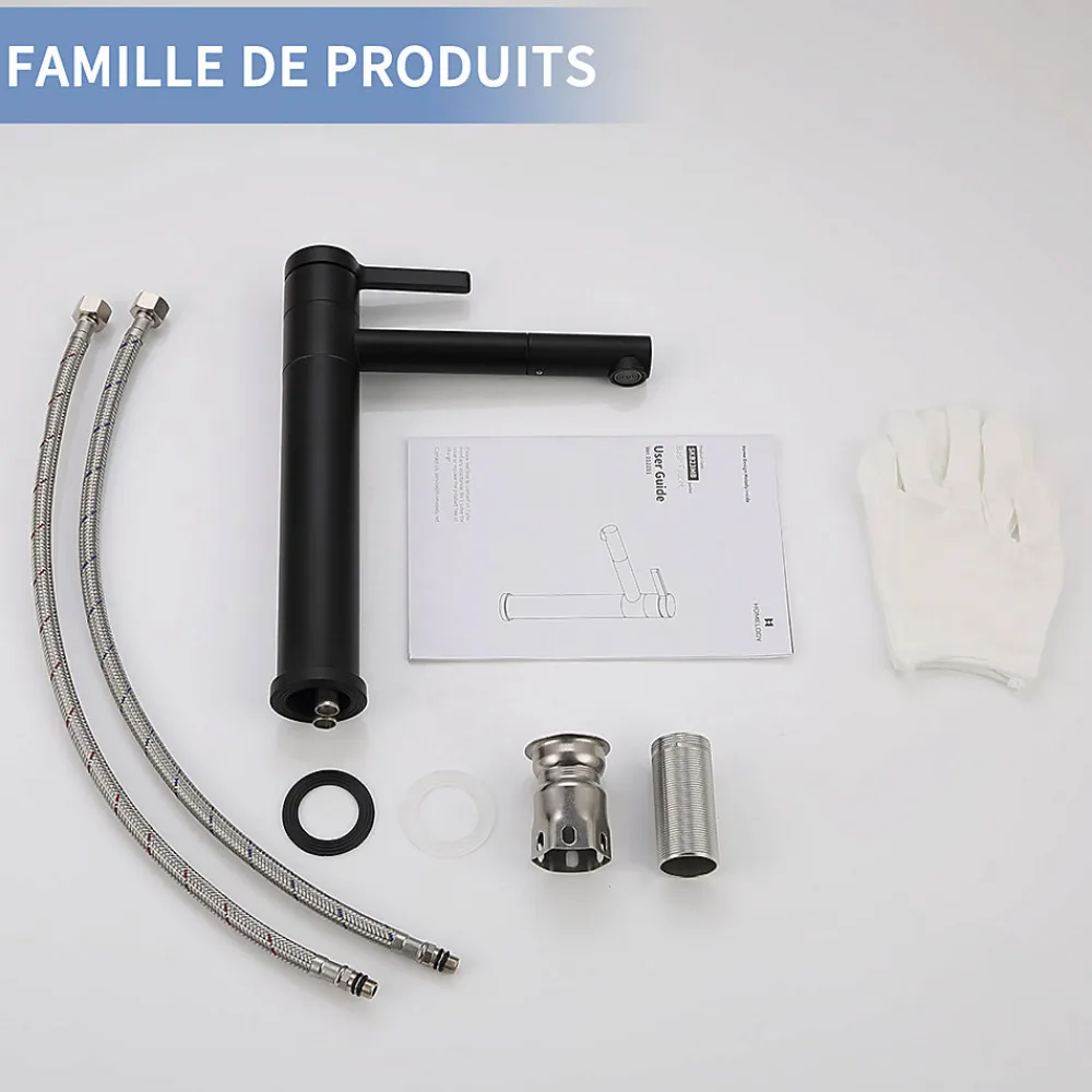 Homelody Robinet Salle de Bain Noir Mitigeur pour Vasque Haut Bec Pivotant Robinetterie de Lavabo en Acier Inox Design Moderne