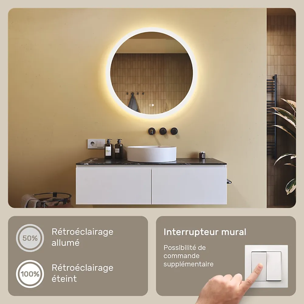 Miroir Lumineux|Artforma Rond Miroir Salle de Bain 80cm, Miroir led avec Tactile, Systeme Couleur DUAL LED et Fonction Anti-buée